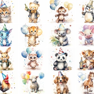 78 animaux de la Saint-Sylvestre, mignons bébés animaux aquarelles, fêtards du nouvel an, 300 dpi PNG/JPG/SVG, art numérique, téléchargement immédiat