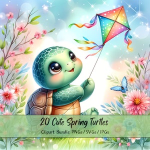 Bundle de clipart mignon tortues printanières, Images clipart aquarelle, 20 fichiers PNG/SVG/JPG de haute qualité, créations numériques en papier, fabrication de cartes