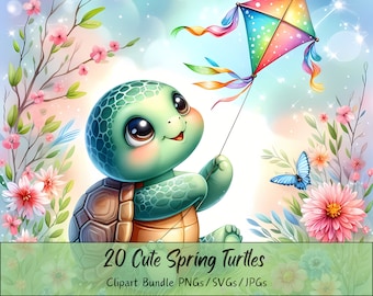 Cute Spring Turtles Clipart Bundle, Watercolor Clip Art Images, 20 High Quality PNGs/SVGs/JPGs, Digital Paper Craft, Card Making