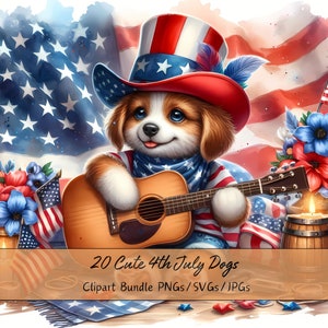 Lindo paquete de imágenes prediseñadas de perros del 4 de julio, animales de archivos patrióticos de acuarela, imágenes prediseñadas de alta calidad, Día de la Independencia del perro americano, animal