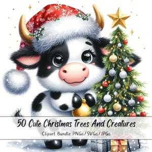Lindos árboles y criaturas navideñas, imágenes prediseñadas de Navidad, archivos de animales de acuarela, figuras gráficas de invierno, árboles