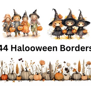 以下が含まれることがあります： 44のハロウィーンのボーダーをデジタルイラストで表現。かぼちゃの列と、ジャック・オー・ランタンを持った魔女の列が描かれています。