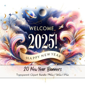 Lot de cliparts bannières Happy New Year, Jour de l'An, Images clip aquarelles, Fichiers de bannières de haute qualité, Citations numériques sur la journée, Fabrication de cartes