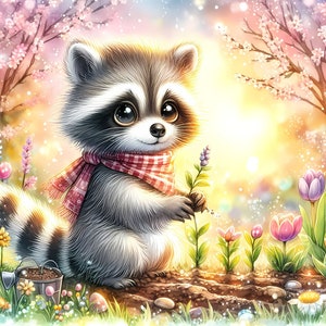Spring Raccoon Pattern Cute Spring Raccoons Clipart Bundle, Watercolor Clip Art Images, 20 ...