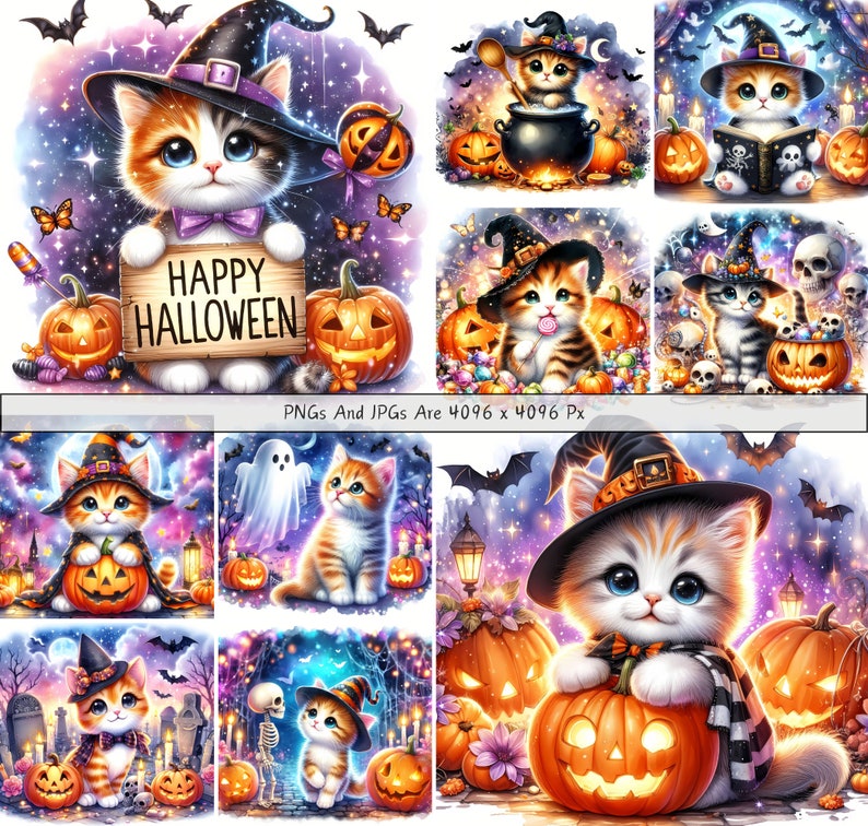 Cute Halloween Kittens Clipart Bundle, Watercolor Kitten Clip Art ...