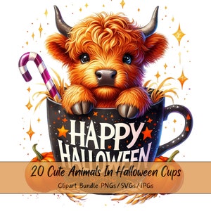 Animali carini in cupcake di Halloween, bundle di clipart, immagini di clipart ad acquerello, animali spaventosi di alta qualità, download di animali digitali felici