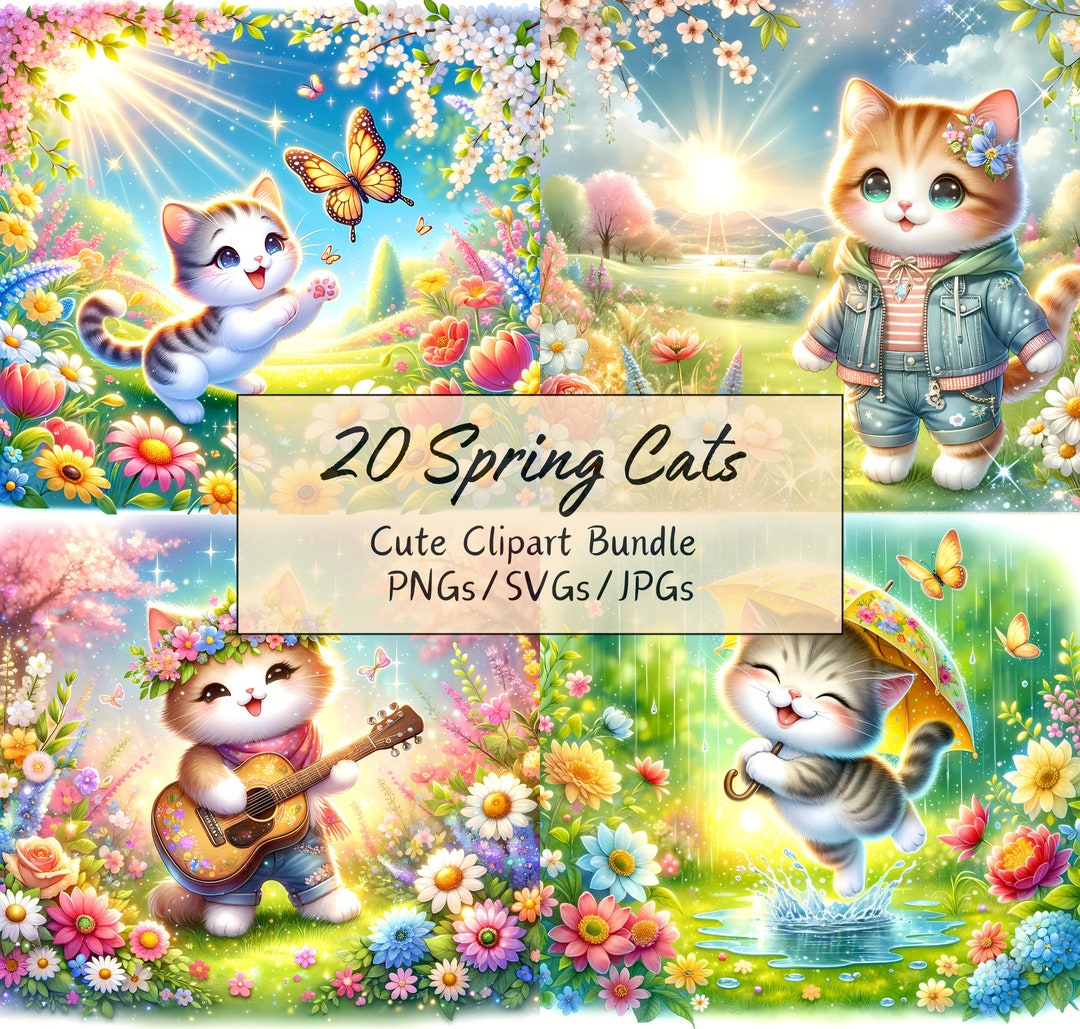 Cute Spring Cats Clipart Bundle, Watercolor Clip Art Images, 20 High ...