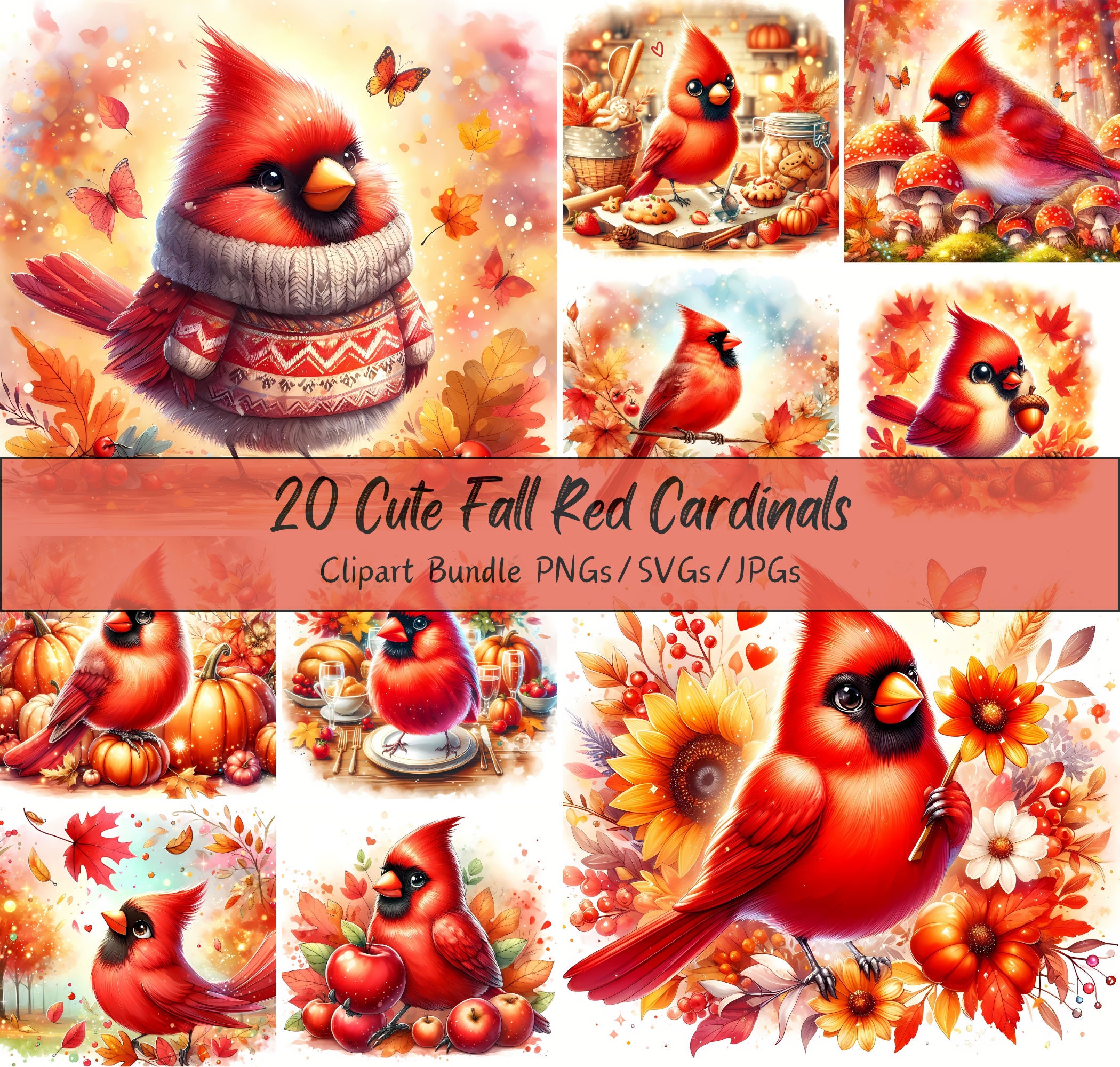 Cute Fall Red Cardinals Clipart Bundle, Watercolor Cardinal Clip Art ...