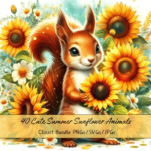 Lindo paquete de imágenes prediseñadas de animales de girasol de verano, imágenes de imágenes prediseñadas florales de acuarela, archivos únicos de alta calidad, descarga de gráficos de animales digitales
