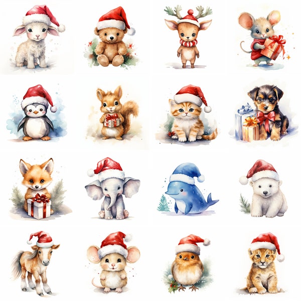 72 Cute Watercolor Christmas Animals, Mega Animal Clipart Bundle, Nursery, High Quality, PNGs/JPGs/SVGs, Commercial Use, Dog, Cat, Horse,