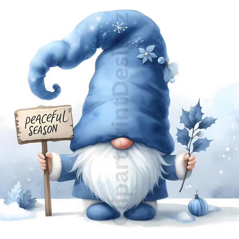 Blue Watercolor Festive Gnomes Clipart Bundle, Blue Christmas Gnomes
