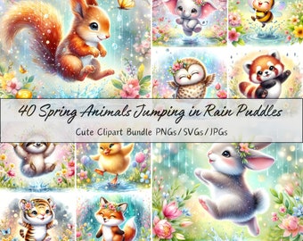 Cute Spring Animals In Rain Puddles Clipart Bundle, Watercolor Clip Art Images, High Quality, Funny Digital Animal Graphics, Unique Download