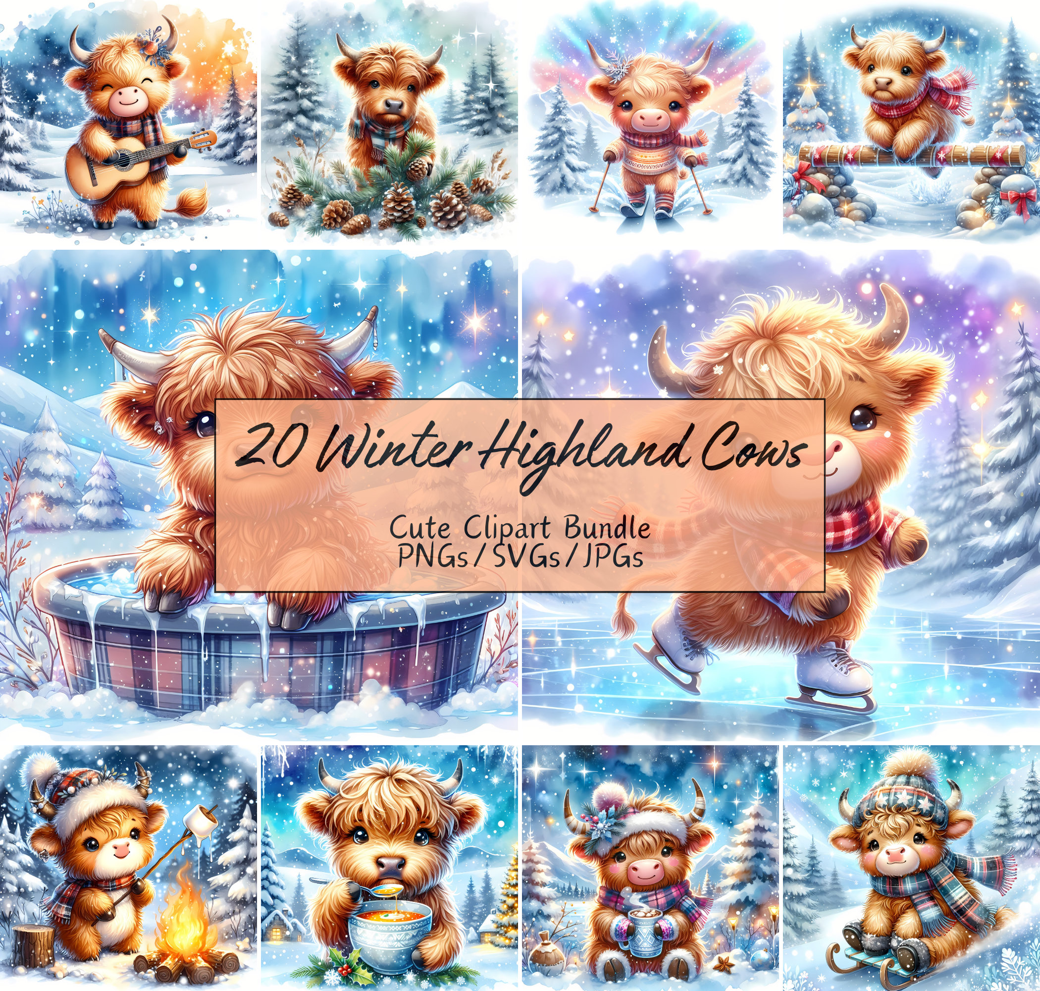 Cute Winter Baby Highland Cow Clipart Bundle, Festive Watercolor Clip ...