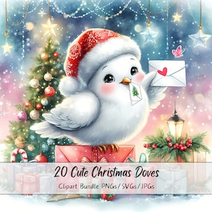 Lindo paquete de imágenes prediseñadas de palomas navideñas, imágenes prediseñadas de palomas navideñas, archivos de animales de acuarela de alta calidad, gráficos divertidos de animales festivos, invierno s