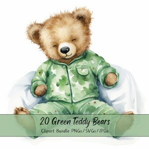 20 Clipart di orsacchiotti dell'acquerello verde, pacchetto baby shower, uso commerciale, PNG/JPG/SVG, download digitale, pacchetto di orsacchiotti verdi carini
