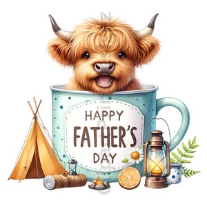 May include: A cute Highland cow peeking out of a blue mug with white polka dots. The mug says "Happy Father's Day". There is a small tent, a lantern, a campfire, and a lemon slice next to the mug.