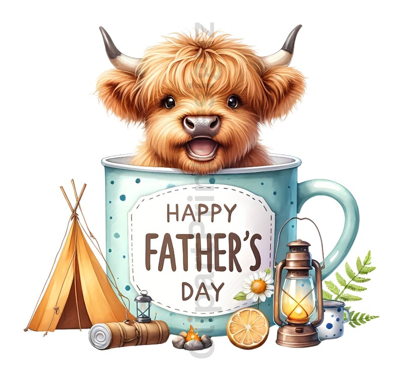 May include: A cute Highland cow peeking out of a blue mug with white polka dots. The mug says "Happy Father's Day". There is a small tent, a lantern, a campfire, and a lemon slice next to the mug.