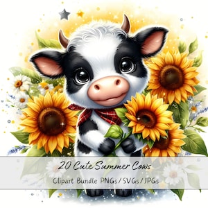 Lindo paquete de imágenes prediseñadas de vacas de verano, imágenes prediseñadas de vacas de acuarela, archivos de animales de alta calidad, gráficos de animales digitales, descarga única