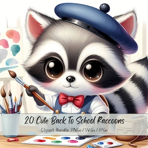Pacote de clipart de guaxinins fofos de volta às aulas, imagens de clipart de guaxinim em aquarela, arquivo de animais de alta qualidade, animal de professor digital