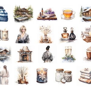 48 Gemütliches Winter-Spa-Clipart-Bundle, Romantisches Winter-Bundle, Selbstfürsorge, Entspannung, Hohe Qualität, kommerzielle Nutzung, 300 Dpi PNGs / JPGs / SVGs