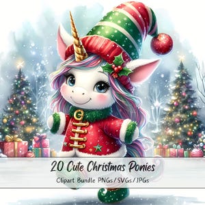 Lindo paquete de imágenes prediseñadas de ponis navideños, imágenes prediseñadas de ponis navideños, archivos de animales de acuarela de alta calidad, gráficos de animales festivos, invierno