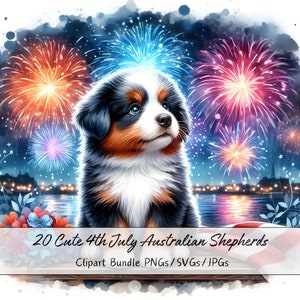 Lindo paquete de imágenes prediseñadas de pastores australianos del 4 de julio, animales patrióticos de acuarela, imágenes prediseñadas de alta calidad, Día de la Independencia del Perro Americano