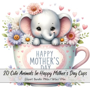 Animales lindos en el paquete de imágenes prediseñadas de tazas del Día de la Madre Feliz, imágenes de imágenes prediseñadas de acuarela, archivos de tazas de alta calidad, descarga de gráficos de animales digitales