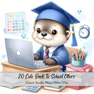 Bundle de cliparts mignons loutres pour la rentrée, Images clip art loutres aquarelles, fichiers animaux de haute qualité, graphiques animaliers numériques professeur