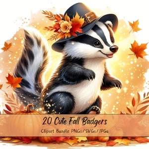 Lindo paquete de imágenes prediseñadas de tejones de otoño, imágenes prediseñadas de tejones de otoño de acuarela, archivos de animales de alta calidad, divertidos gráficos de animales digitales