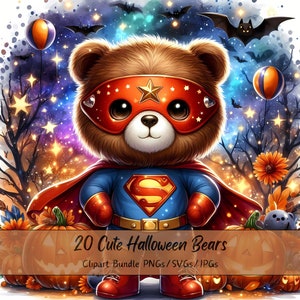 Lindo paquete de imágenes prediseñadas de osos de Halloween, imágenes prediseñadas de osos de acuarela, animales aterradores de alta calidad, descarga digital divertida de animales, otoño