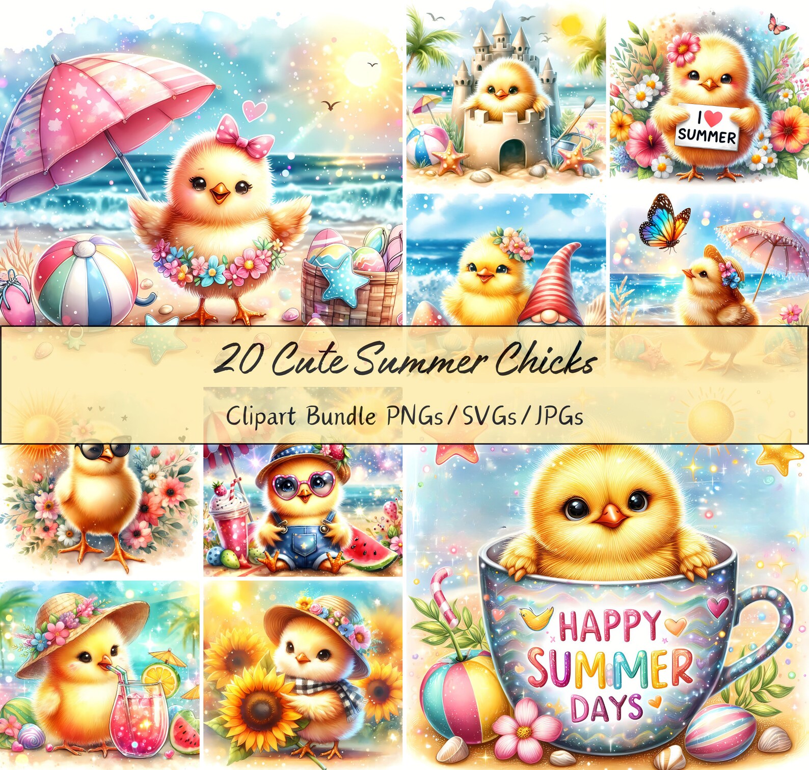 Cute Summer Chicks Clipart Bundle, Watercolor Chick Clip Art Images ...