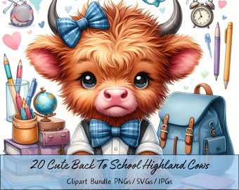 Cute Back To School Highland Cows Clipart Bundle, Watercolor Cow Clip Art Images, High Quality Animals File, Digital Teacher Animal Graphics