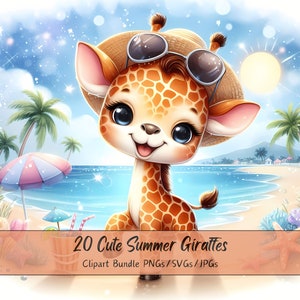 Lindo paquete de imágenes prediseñadas de jirafas de verano, imágenes prediseñadas de jirafas de acuarela, archivos de animales de alta calidad, divertidos gráficos de animales digitales, descargar