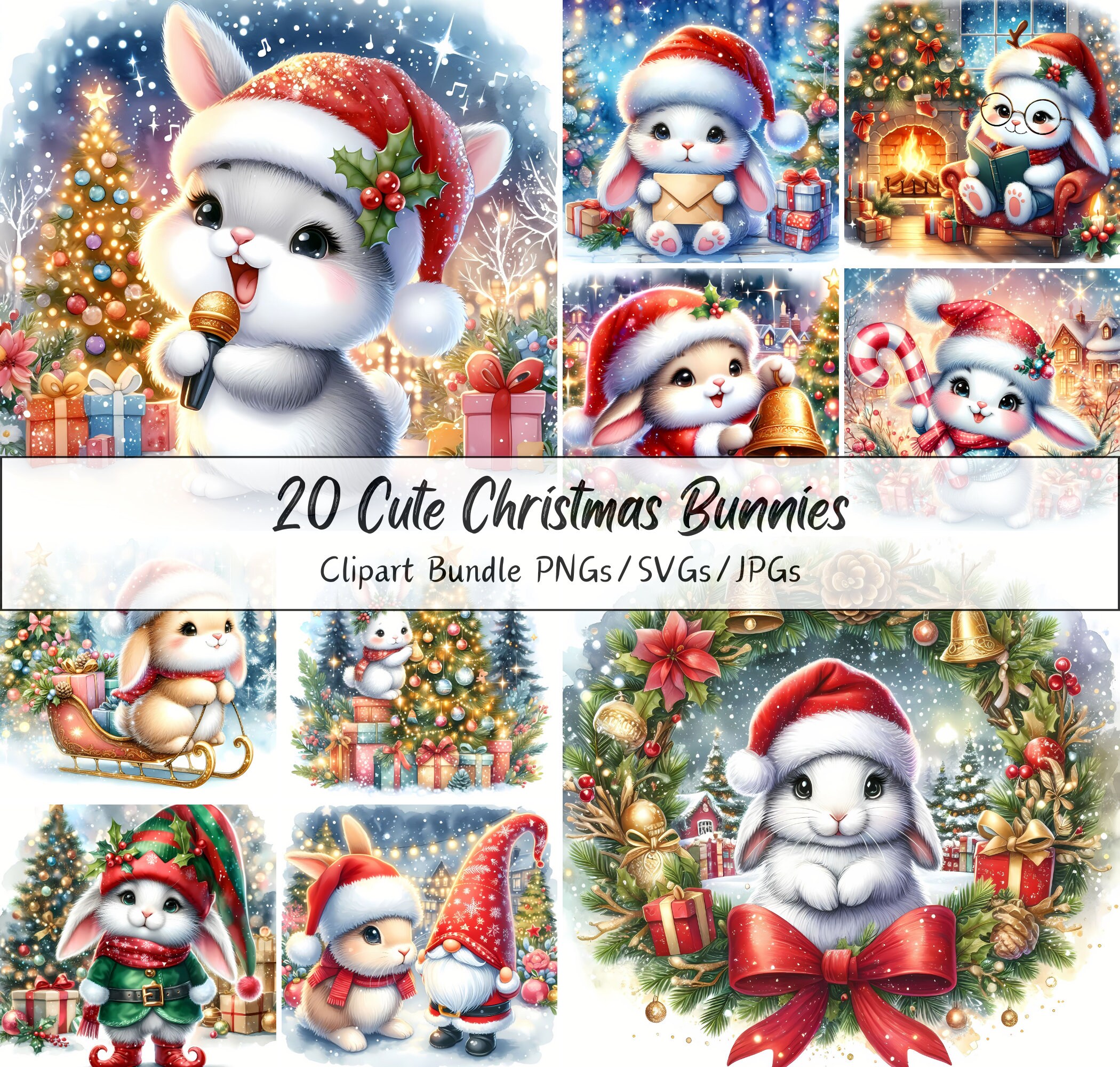 Cute Christmas Bunnies Clipart Bundle, Xmas Bunny Clip Art Images ...