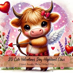 Lindo paquete de imágenes prediseñadas de vacas de las tierras altas para el día de San Valentín, imágenes prediseñadas de vacas para San Valentín, archivos de acuarela de alta calidad, divertidos gráficos de animales festivos