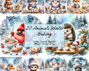 May include: A set of 20 digital illustrations featuring cute animals baking winter treats. The illustrations include a squirrel, tiger, pig, fox, cardinal, hedgehog, monkey, mouse, and raccoon. Each animal is depicted in a winter setting, surrounded by snow and Christmas trees. The illustrations are perfect for creating holiday cards, invitations, or other festive projects.