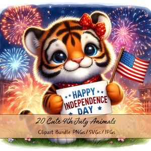 Lindo paquete de imágenes prediseñadas de animales del 4 de julio, animales de archivos patrióticos de acuarela, imágenes prediseñadas de alta calidad, descarga del Día de la Independencia Americana