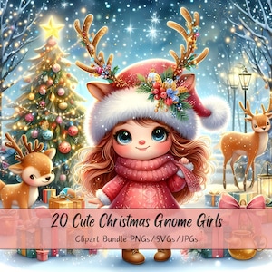 Pacchetto di clipart di graziose ragazze gnomo natalizie, immagini clip art di gnomi natalizi, file invernale ad acquerello festivo, personaggi, creature, figure grafiche