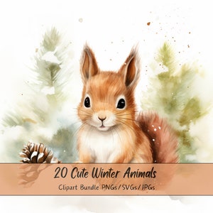 Lot de 20 cliparts bébé mignon animaux d'hiver, aquarelle animaux, art numérique, 300 dpi PNG/SVG/JPG, usage commercial, papier numérique