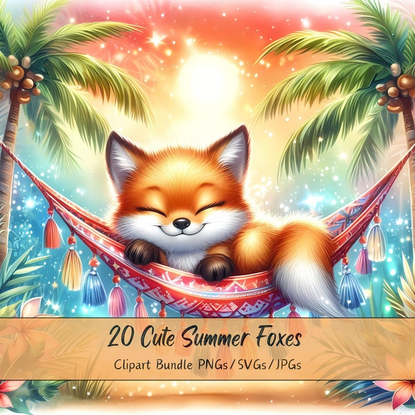 Cute Summer Foxes Clipart Bundle, Watercolor Fox Clip Art Images, High Quality Animals Files, Funny Digital Animal Graphics, Unique Download