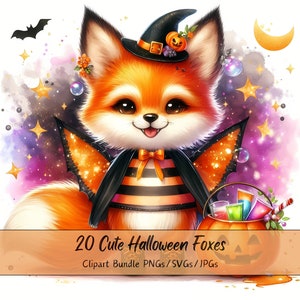 Lindo paquete de imágenes prediseñadas de zorros de Halloween, imágenes prediseñadas de zorro de acuarela, animales de alta calidad aterradores, descarga divertida de animales digitales, otoño