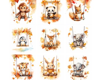30 Cute Watercolor Fall Animals On Swings, Baby Nursery Clipart Bundle, Commercial Use, Digital Autumn, 300 Dpi PNGs/JPGs/SVGs, Squirrel