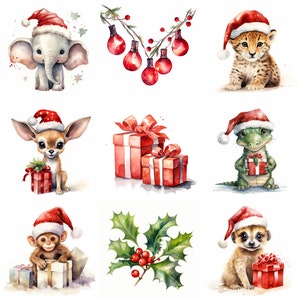 Safari animaux de Noël de la jungle, 40 images png mignonnes de haute qualité, aquarelles de bébés animaux, usage commercial, 400 ppp, éléphant, singe, girafe