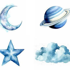 May include: Watercolor illustration of a blue crescent moon, a blue star, a blue planet with rings, and a blue cloud. The illustration is perfect for a nursery or children's room.