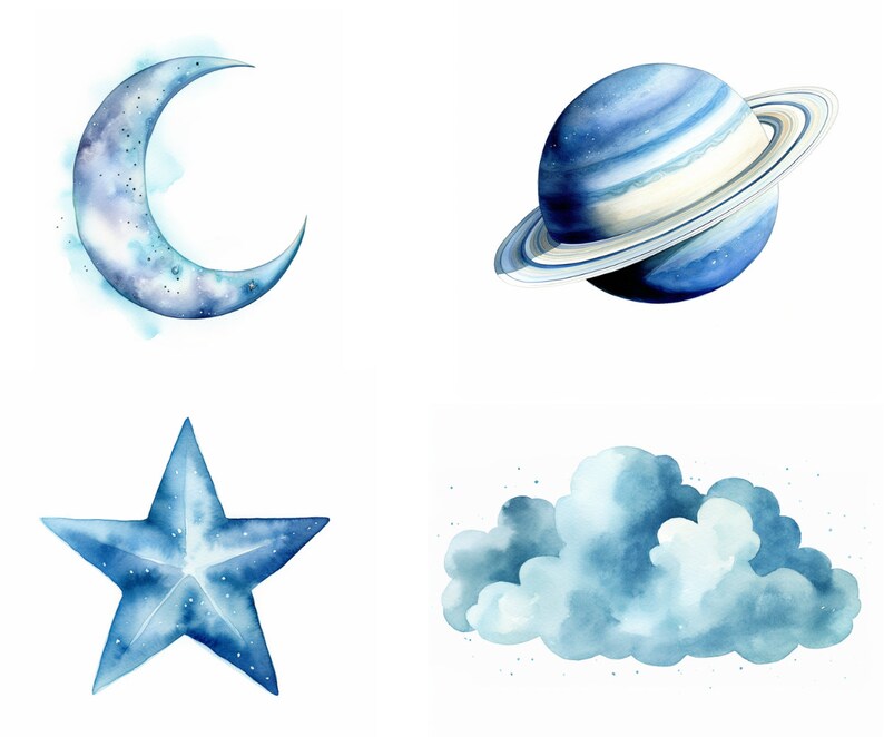 May include: Watercolor illustration of a blue crescent moon, a blue star, a blue planet with rings, and a blue cloud. The illustration is perfect for a nursery or children's room.