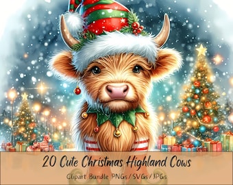Cute Christmas Highland Cows Clipart Bundle, Xmas Cow Clip Art Images, Watercolor High Quality Animals Files, Fun Festive Animal Graphics