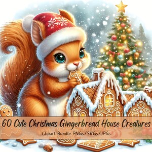 Lindo paquete de imágenes prediseñadas de criaturas de la casa de jengibre de Navidad, imágenes prediseñadas de Navidad, archivos de criaturas de acuarela, figuras gráficas de invierno
