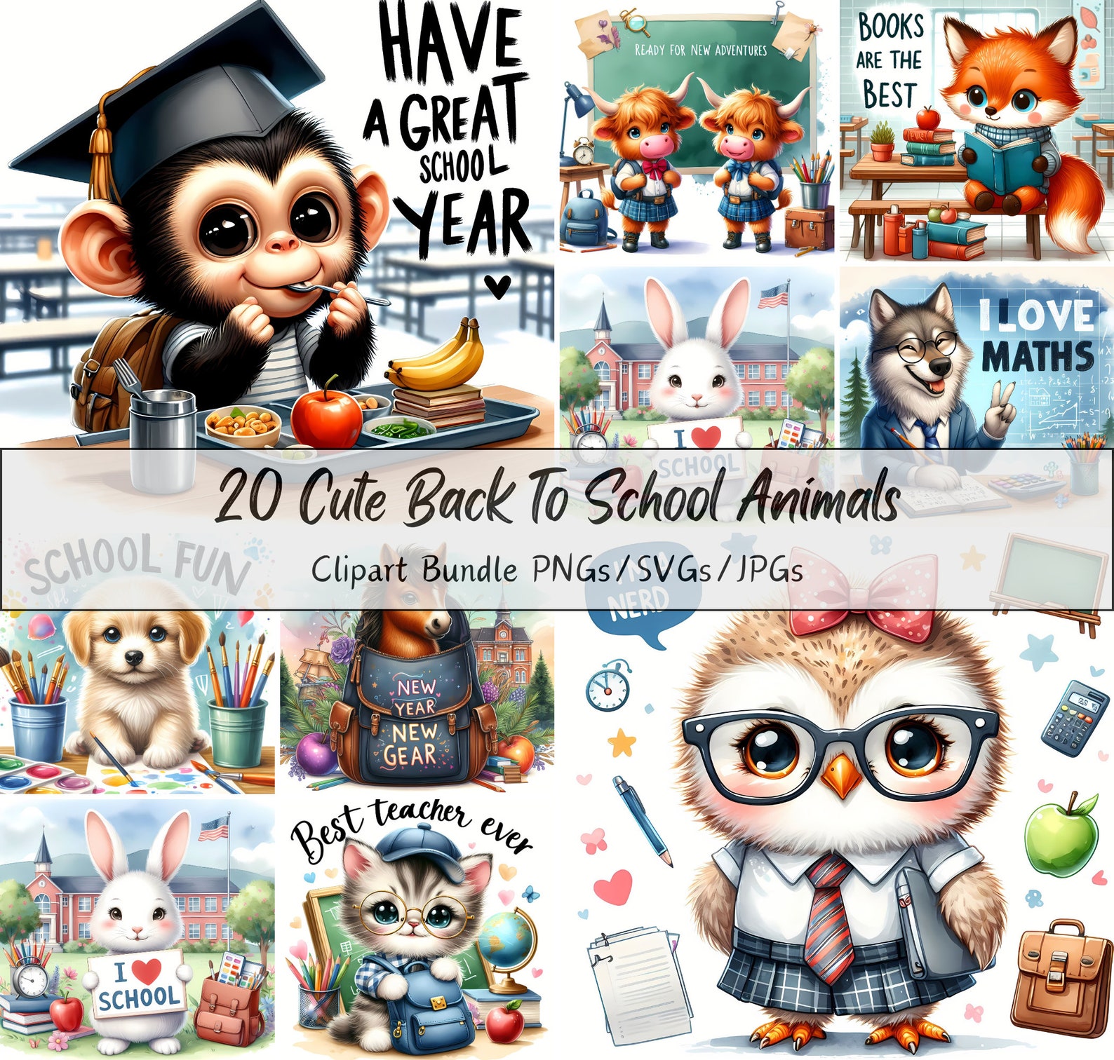 Cute Back to School Animals Clipart Bundle, Watercolor Animal Clip Art ...