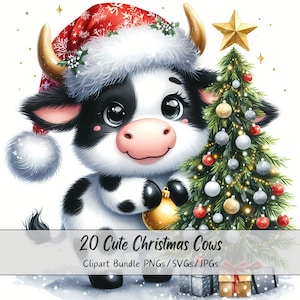 Leuke kerstkoeien clipartbundel, xmas koe illustraties, aquarel dierenbestanden van hoge kwaliteit, leuke feestelijke dierenafbeeldingen, winter