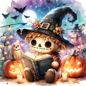 Op de afbeelding: Een grillige vogelverschrikker met een heksenhoed leest een boek onder een sterrenhemel. Twee uitgeholde pompoenen en een geest voegen toe aan de Halloween-sfeer.